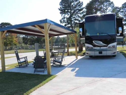 A large RV parked in a site